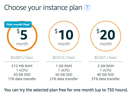Lightsail's options for instance pricing.For this project, pick the lowest one to get free-tier access.