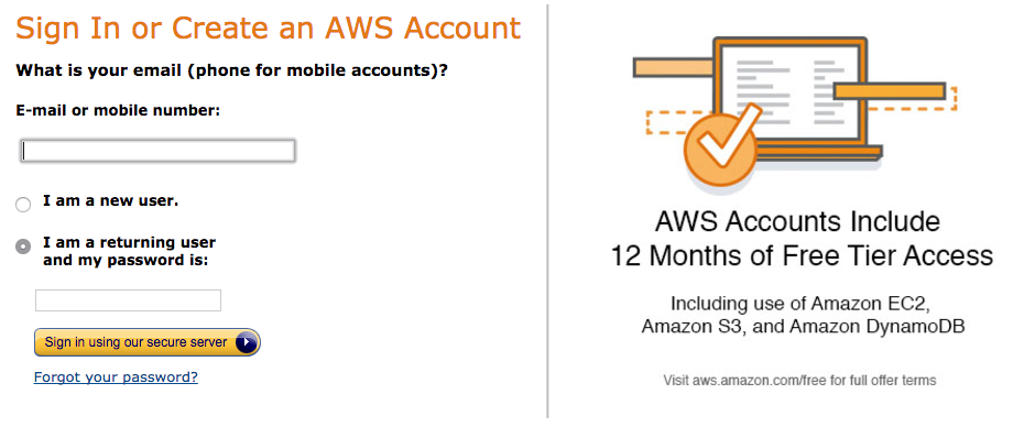 Amazon Web Services login page.